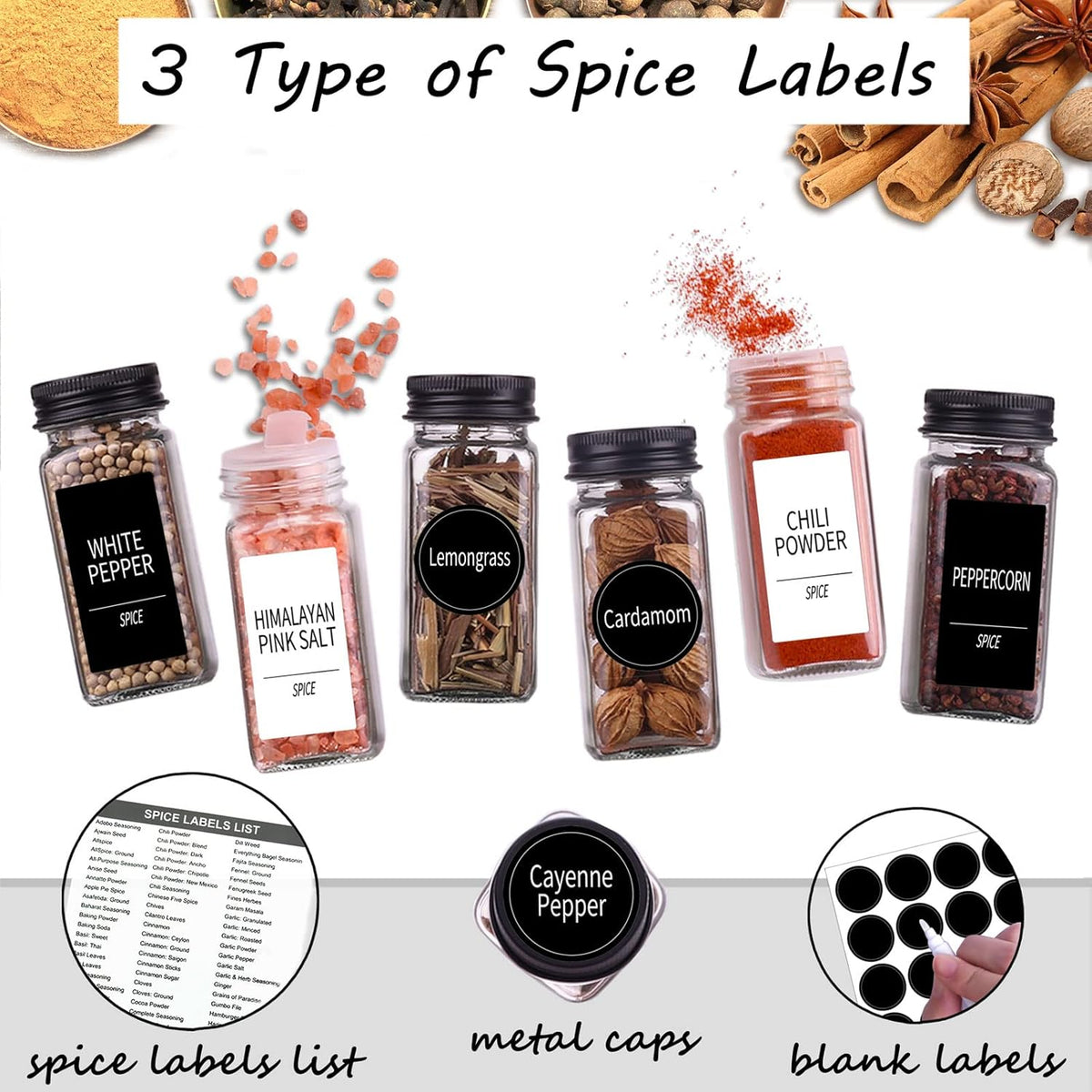 Churboro 25 Spice Jars with 547 Labels- Glass Spice Jars with Black Metal Caps, 4oz Empty Spice Containers with Shaker Lids, Funnel, Chalk Pen, Square Seasoning Bottles for Spice Rack, Drawer, Cabinet