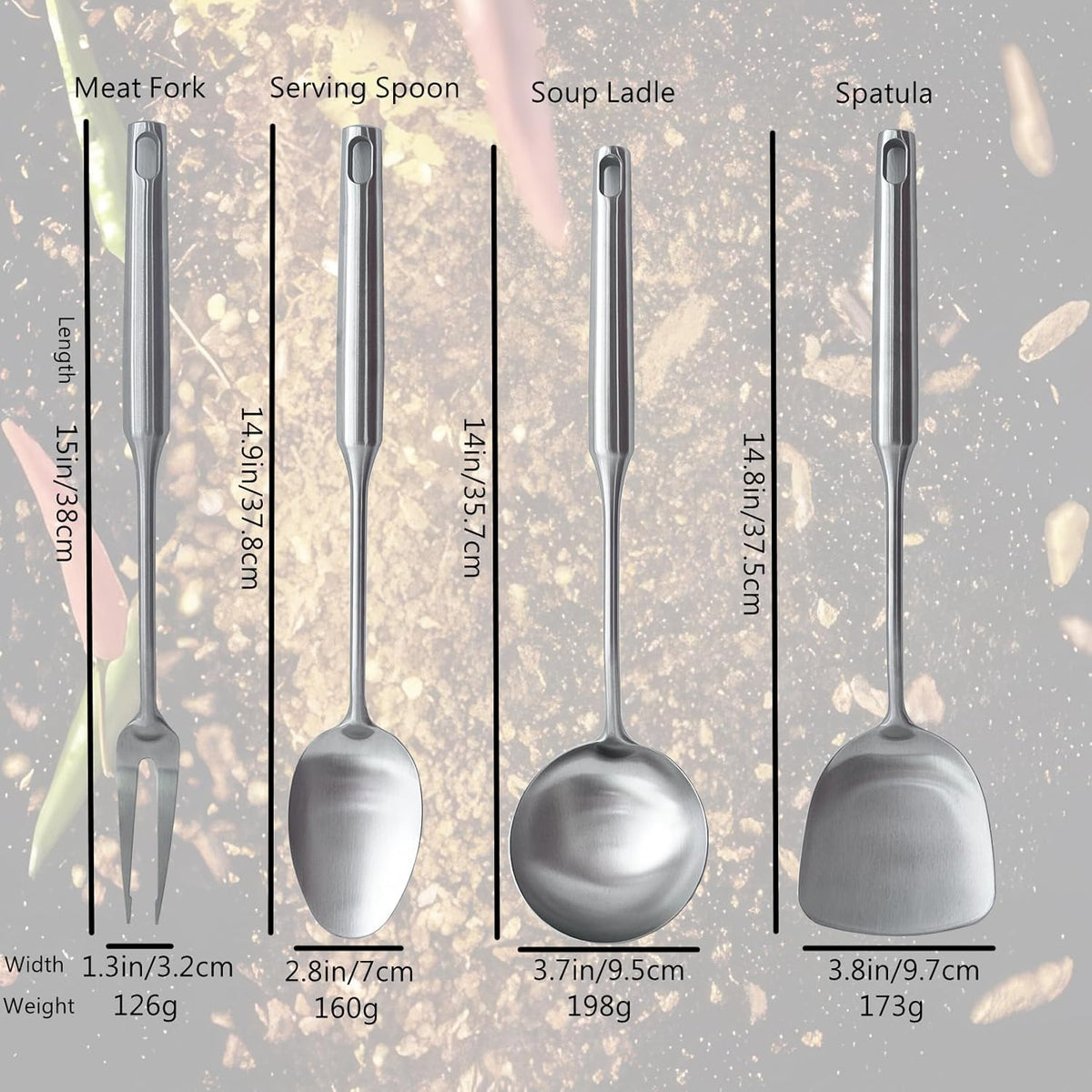 304 Stainless Steel Cooking Utensils Set 4 Piece 15 Inch Large Size Metal Kitchen Utensils Set Including Spatula,Ladle,Serving Spoon,Meat Fork,Stainless Steel Cooking Tools