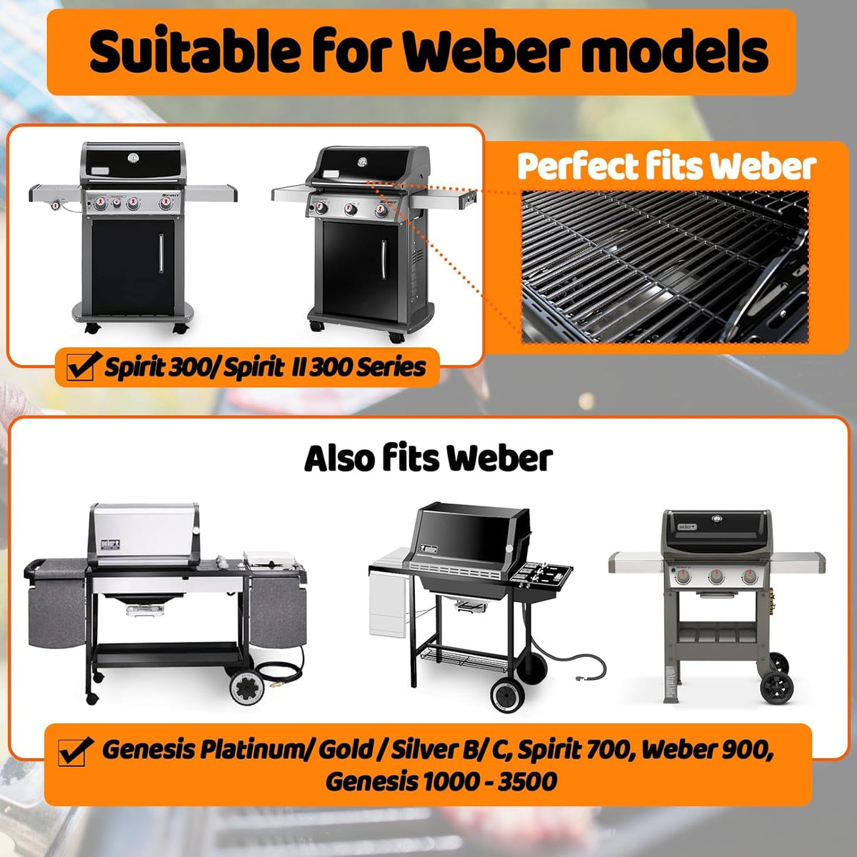 Uniflasy 7638 Porcelain-Enameled Cast Iron Cooking Grates for Weber GS4 Spirit II 300& Spirit 300 Series, E-310 E-330,Genesis Silver/Gold B & C Grill Grates Replacement Parts, Replace for Weber 7639