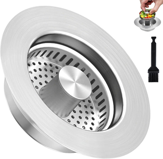 3-in-1 Kitchen Sink Drain Strainer Stopper, Upgraded Stainless Steel Sink Plug with Anti-Clog Filter Basket, Fits Standard 3-1/2 Inch Drain Hole, Pop Up Garbage Disposal Cover, Universal Food Catcher