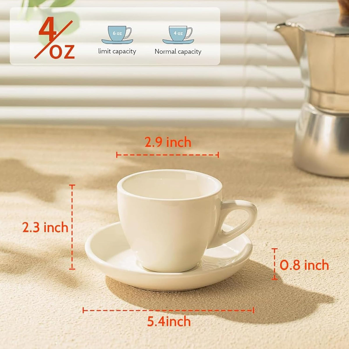 Sweese 4oz Porcelain Espresso Cups with Saucers, Set of 6 - Ideal for Espresso, Cappuccino, Latte, Tea - White