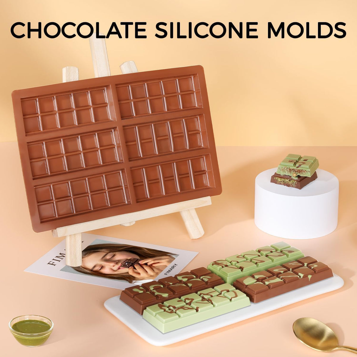 Chocolate Bar Mold Deep Silicone Break-Apart Chocolate Mold Non-Stick Chocolate Mold Dubai Chocolate Bar Mold Pistachio (10 Snap, Set of 2) (10 Snap)