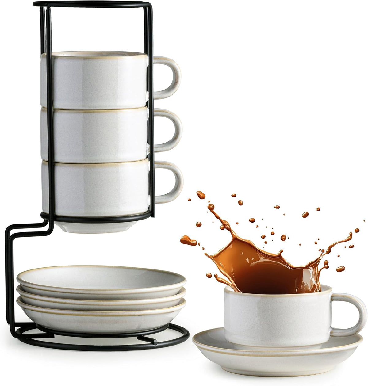 Gomakren 6 Ounce Cappuccino Cups with Saucers and Metal Stand, Stackable Coffee Cup Set of 4, Porcelain Espresso Cups for Coffee Drinks, Cappuccino, Latte, Americano, Tea, White