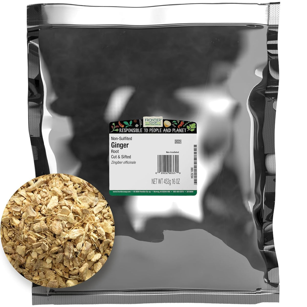 Frontier Co-op Ginger Root 1lb - Chopped and Sifted Dried Chunks for Loose Leaf Ginger Root Tea, Powder Capsules, Supplements, Extract