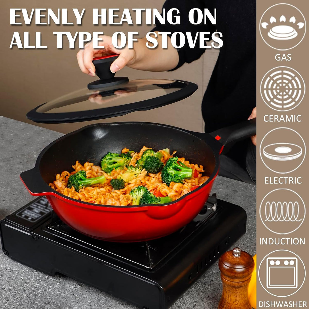 DIIG Nonstick Deep Frying Pan Skillet with Lid, 12 inch/ 5.5 QT Saute Pan with Silicone Lid, Sauce Cookware Cooking Chef Pans, Cast Aluminum Induction Compatible, Ruby Red