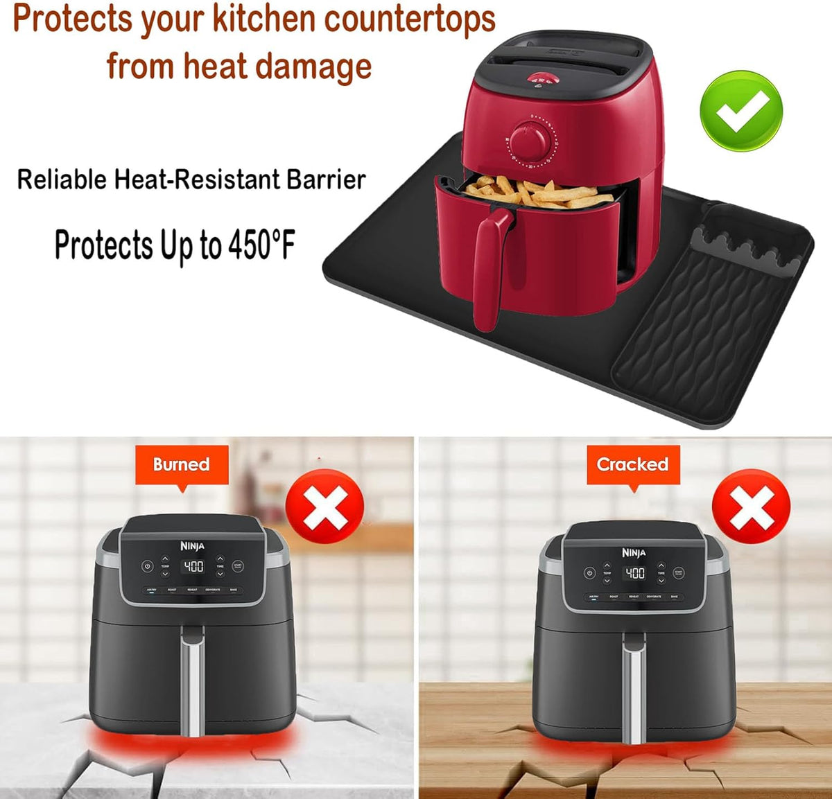 Heat Resistant Mats for Countertop,25.59''x15.75''-Hot Pad for Kitchen Countertop Protector,Silicone Air Fryer Mat with Griddle Tools Mat for Compatible with Ninja,Microwave Oven,Coffee Maker