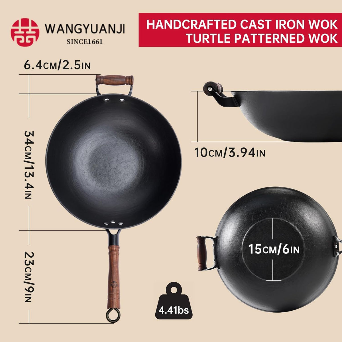 WANGYUANJI Cast Iron Wok,13.4 inch Flat Bottom Wok with Glass Lid,Suitable for All Cooktops, Uncoated Craft Pot Healthy Cooking Pot