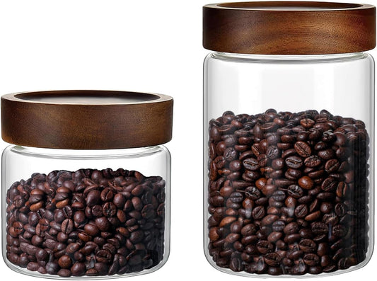 Set of 2 Glass Food Storage Jars, Premium Clear Glass Container Jar with Airtight Wooden Screw Lid, Kitchen Canisters for Coffee,Tea,Pasta,Cookies, Nuts,Spice,Candy,Overnight Oatmeal