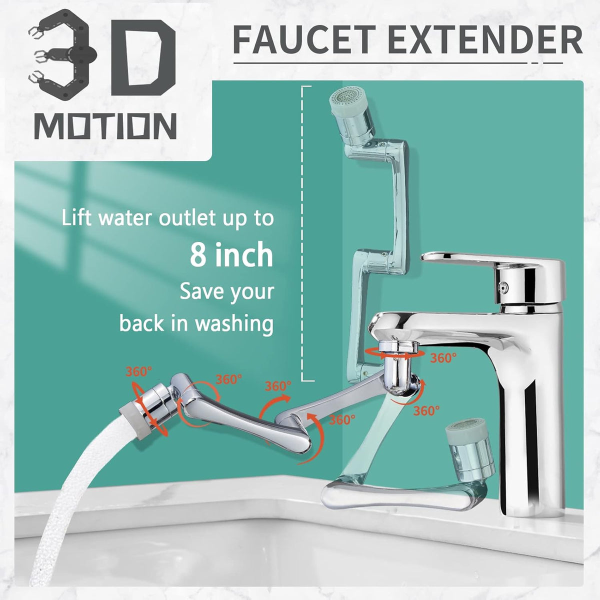 CECEFIN 1080°Rotating Faucet Extender Double Extension - Swivel Long Arm Robotic Faucet Aerator for Bathroom Kitchen Sink, Universal Spout Spray Attachment 2-Mode Outlet Face/Hair/Toddlers Hands Wash