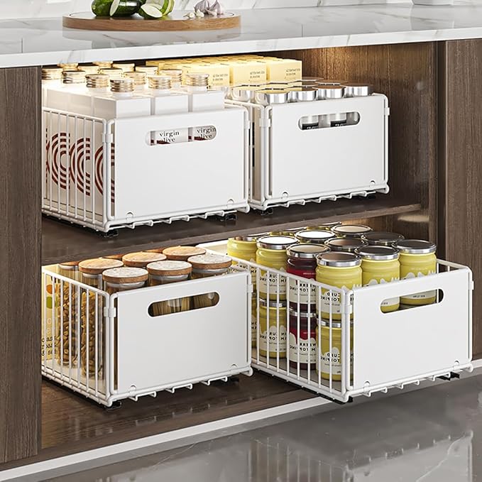 Pull Out Cabinet Organizer Slide Out Drawer Storage Shelves Cupboard Organiser Sliding Cabinet Basket for Kitchen No Drilling and Nailing (White, 2Piece 9.8" W X15 D X 7.5" H)