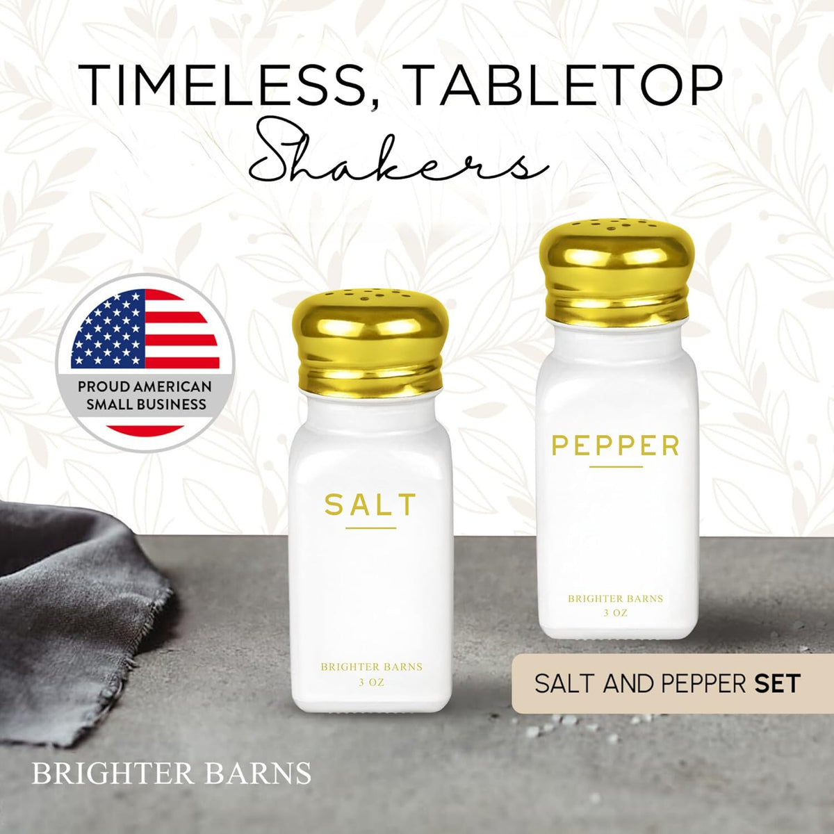 Gold Salt and Pepper Shakers Set by Brighter Barns - Modern Kitchen Decor, White and Gold Kitchen Decor & Accessories - Vintage Glass Shakers with Stainless Steel Lids for Home, Restaurant