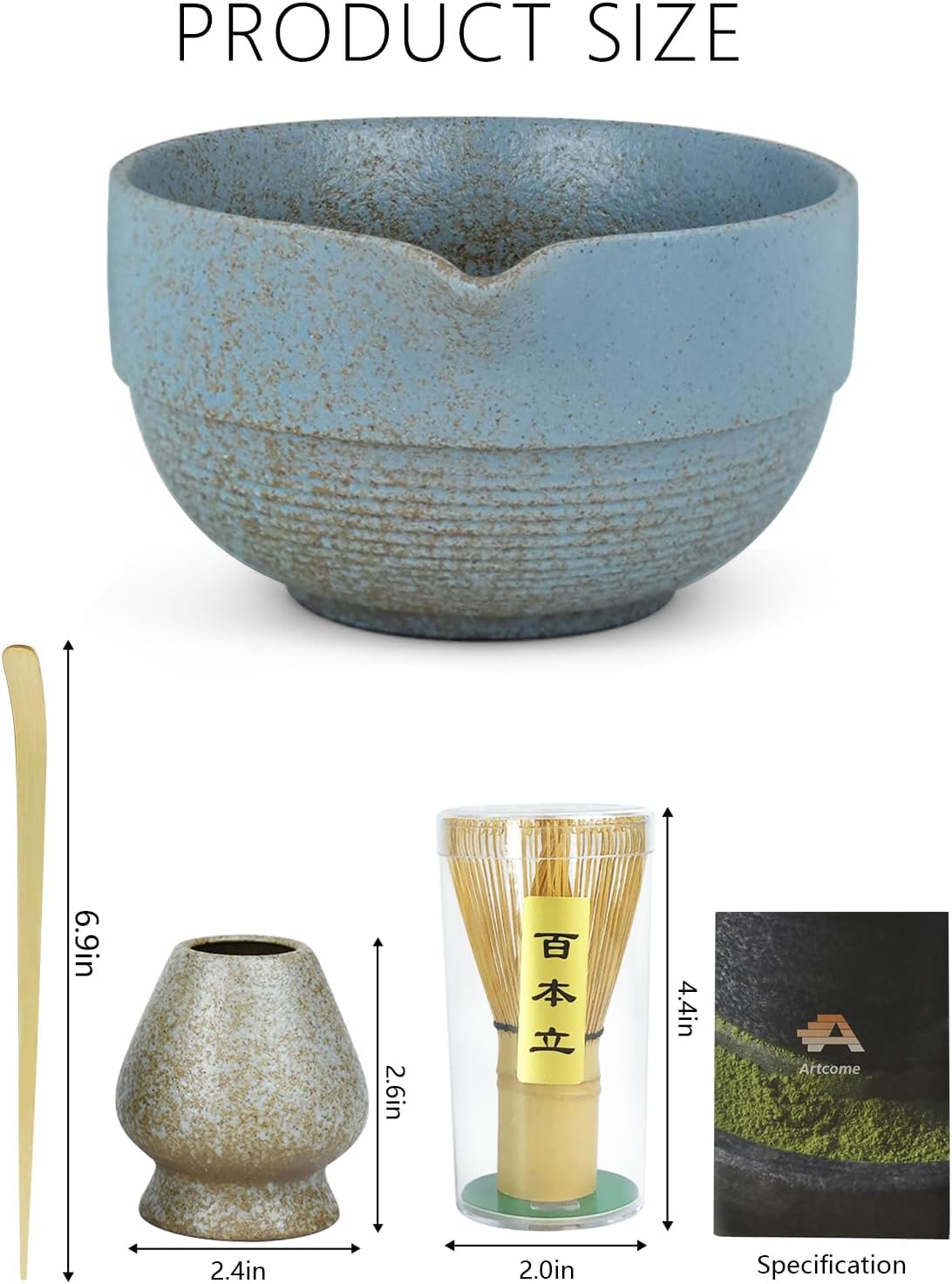Artcome Premium Matcha Tea Set - 17oz Handcrafted Ceramic Bowl with Blue Reactive Glaze, Bamboo Whisk, Scoop, Whisk Holder & Brewing Guide - Japanese Tea Ceremony Tools for Perfect Matcha Preparation