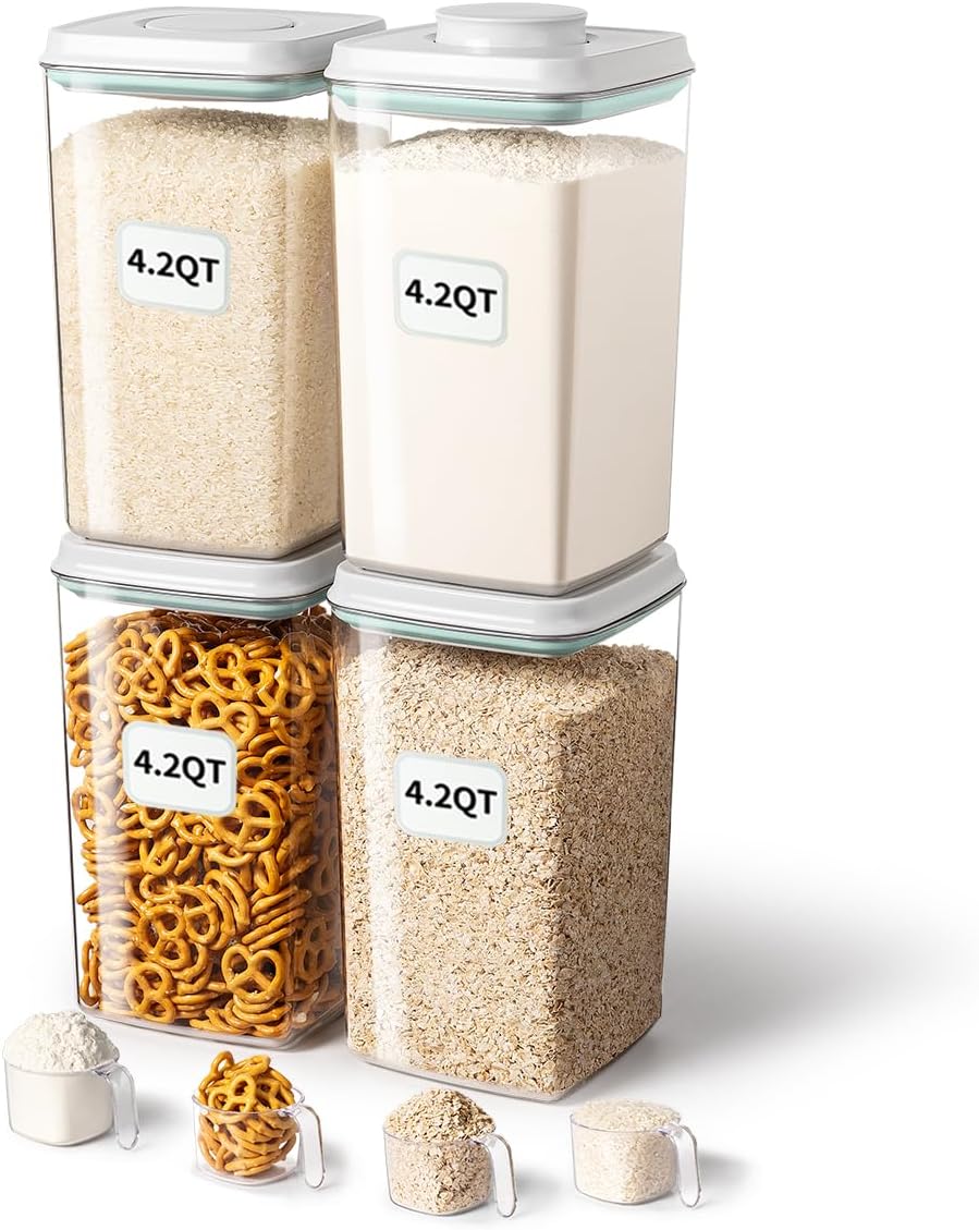 Ankou Airtight Food Storage Container with Pop Lid & 130ml Scoop, 4L/4.2qt *4 BPA-Free Cereal, Rice, Flour, Pasta & Snack Container, Stackable & Durable,Kitchen Pantry Organizer