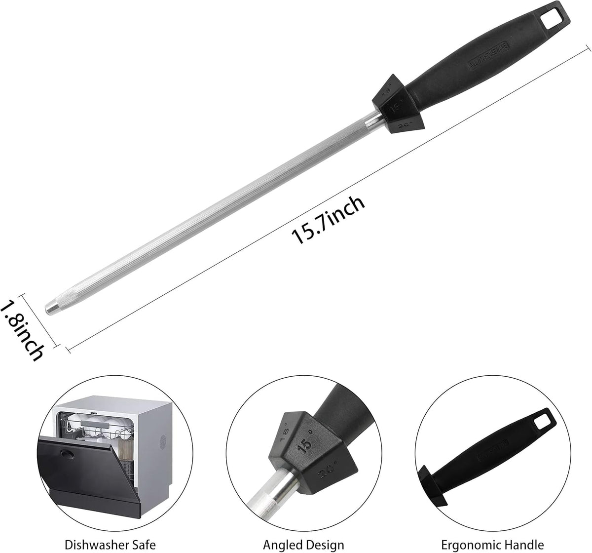 Knife Sharpener Knife Sharpening Rod Honing Steel with 15°-18°-20°Angle Guides Professional Carbon Steel with Black Rubber Grip for Kitchen Chef House Gift 10''