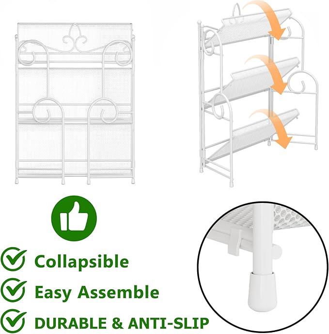 Bathroom Counter Organizer - Spice Rack Countertop 3 Tier Counter Shelf Organizer for Bathroom Kitchen Bedroom Foldable White