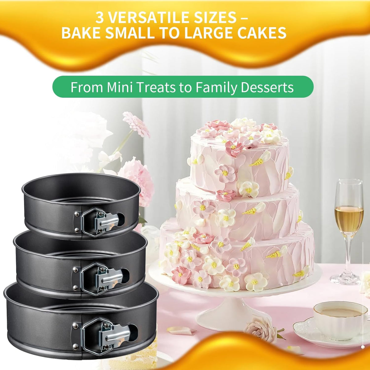 Springform Cake Pan Set – 3 Piece Nonstick 7, 8, 9 Inch Round Cheesecake Pans for Baking, Leakproof Cake Molds for Mousse, Birthday Layer Cakes, Quiche, Pizza & More