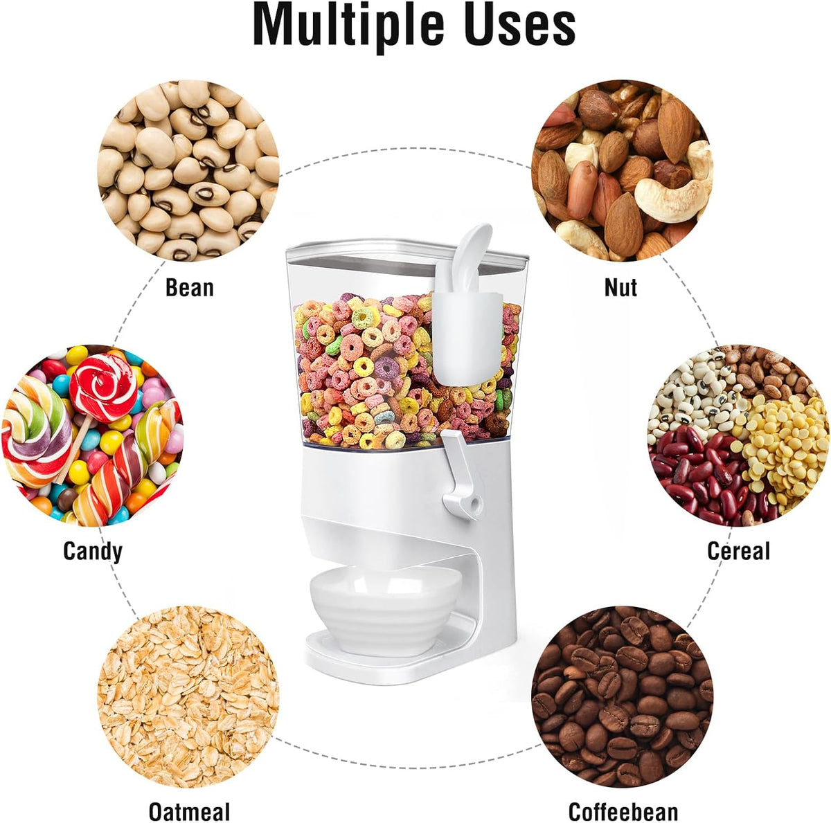 Cereal Dispenser Countertop With Bowls and Spoons Cereal Containers Storage for Pantry Snack Organizer Dry Food Storage Container with Lid for Kitchen Organization Oatmeal Nut Granola（1pcs White）