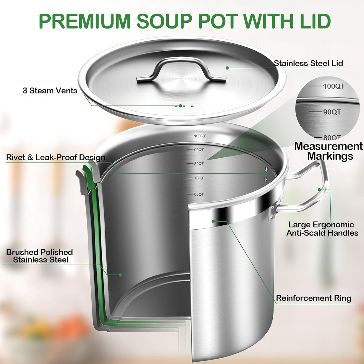 Extra-Large Stainless Steel Stock Pot – Commercial Heavy Duty Soup Pot with Lid, 3-Ply Base for Fast Heating, Ideal for Seafood Boils and Outdoor Cooking - 100 Quart