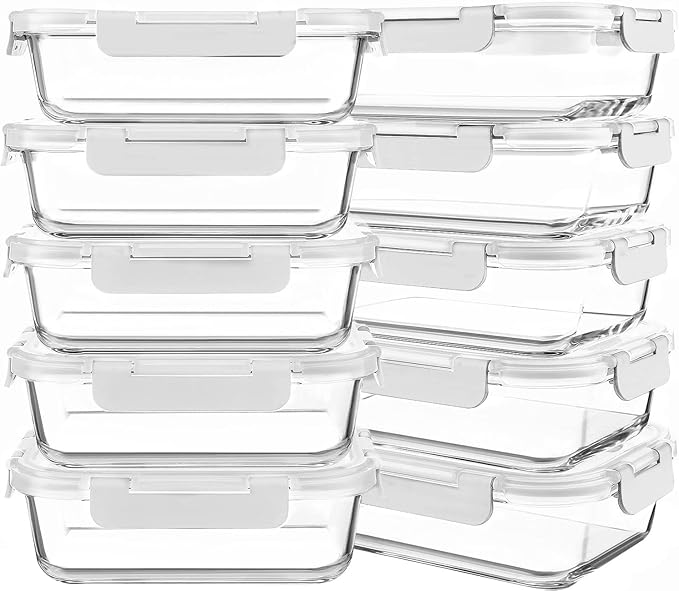 KOMUEE 10 Packs 30 oz Glass Meal Prep Containers,Glass Food Storage Containers with Lids,Airtight Glass Lunch Bento Boxes,Microwave, Oven, Freezer and Dishwasher,White