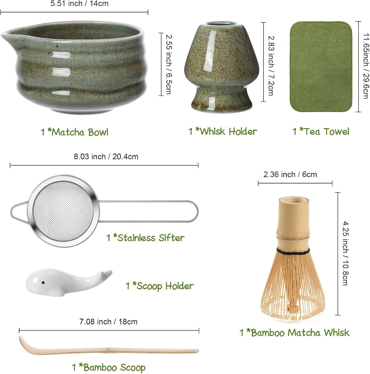 Matcha Whisk Set, 7 Pcs Matcha Kit Includes 18 oz Ceramic Matcha Bowl with Spout, Bamboo Whisk and Holder,Scoop with Stand, Sifter & Tea Towel, Complete Matcha Making Kit