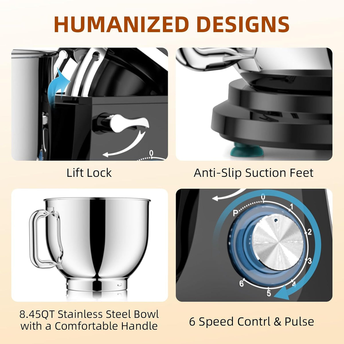 8.45 QT Stand Mixer - 660W 6 Speed Large Capacity Kitchen Electric Mixer with Whisk Dough Hook Mixing Beater Household Food Mixer for Baking Cakes Cookie Bread Salad (Black)