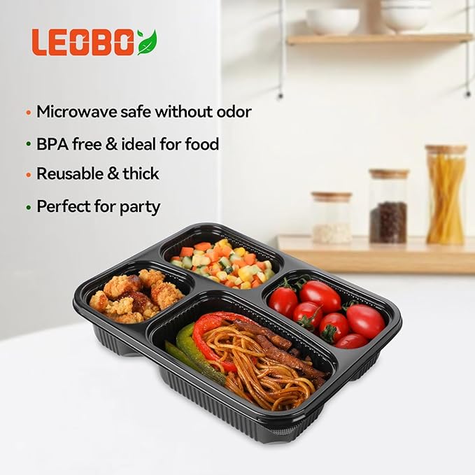 Meal Prep Containers 34oz 40 Pack - BPA Free PP Plastic Shrink Wrap & Leak Proof Takeout Box | Dishwasher Freezer & Microwave Safe Reusable for Bulk Cooking | Black 4 Compartment Food container