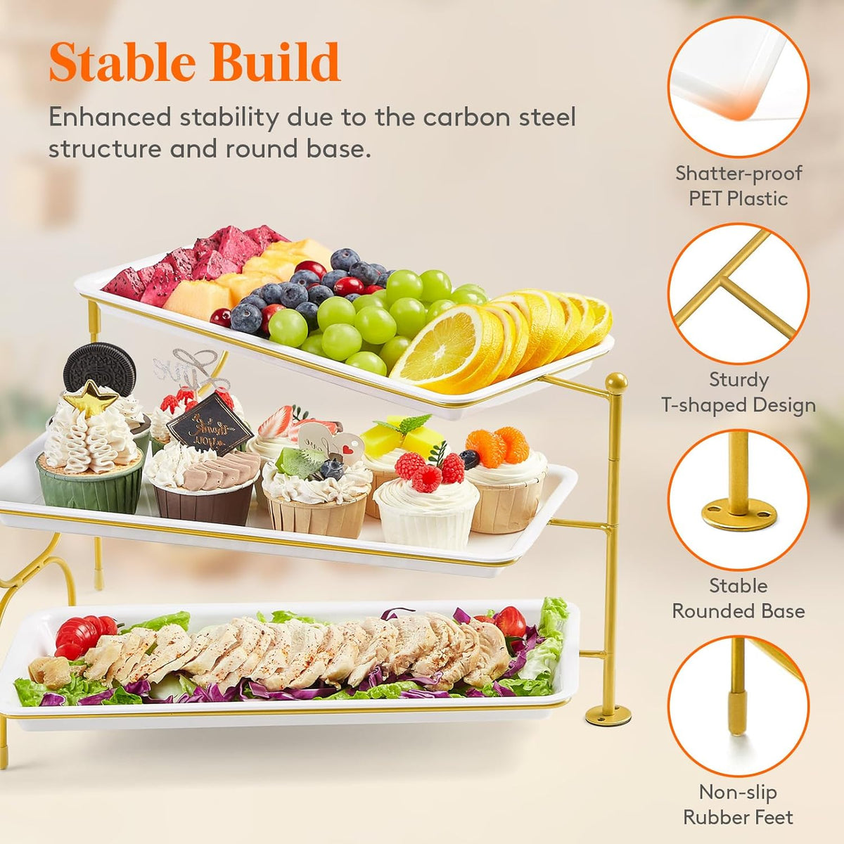Lifewit 3 Tiered Tray Stand for Party Entertaining, 14"×6.5" Serving Platters and Trays, Reusable Plastic Trays with Stable Gold Mental Stand for Veggie, Fruit, Cookies, Dessert