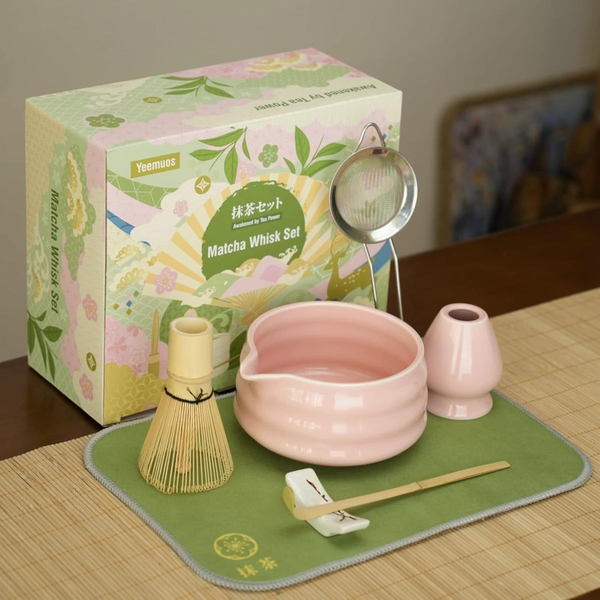 Matcha whisk Set,7 Pcs Matcha Making Kit with whisk Whisk, Ceramic Bowl, Sifter, Scoop, Holder, Stand, and Tea Towel for Ultimate Matcha Experience(Pink)