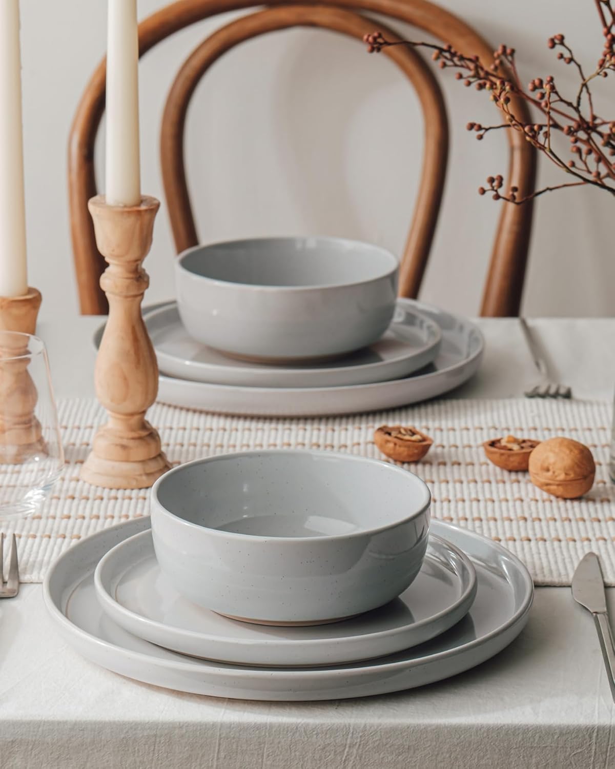 Famiware Milkyway Plates and Bowls Set, 12 Pieces Dinnerware Sets, Dishes Set for 4, Light Gray