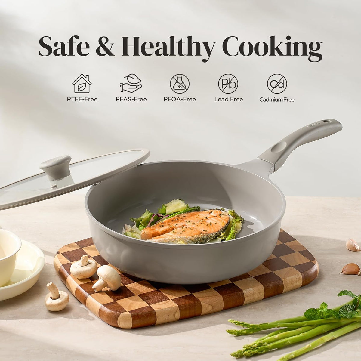 Redchef Deep Ceramic Frying Pan with Lid, Nonstick Saute Pan Cookware All Cooktop Compatibility, Stay-Cool Handles, PFOA Free, Healthy Coating, Tempered Glass Cover, Even Heat, Grey (3.7Qt, 10")