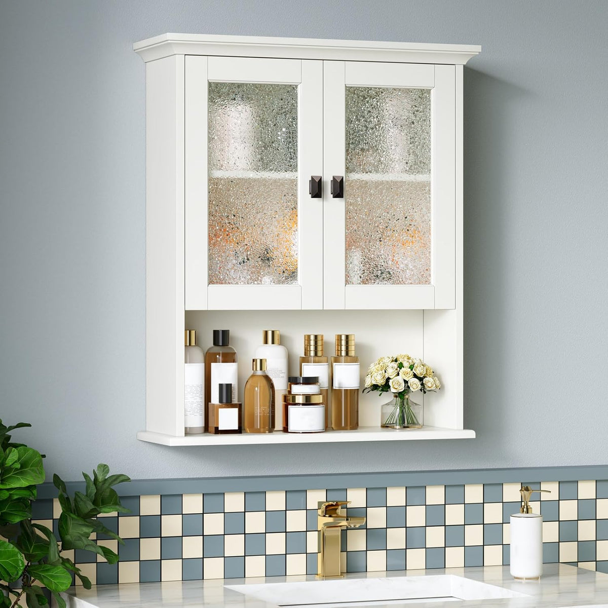 Bathroom Cabinet Wall Mount, Over Toilet Storage Cabinet with Glass Door Build-in Spirit Level Cupboard Hanging Medicine Cabinet for Bathroom Laundry Kitchen Living Room (Cream White)