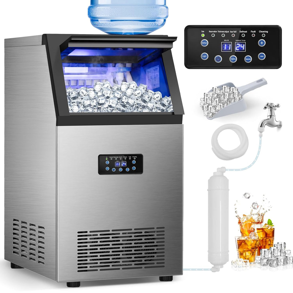 Commercial Ice Maker 120LBS/24H, Stainless Steel Freestanding Ice Maker Machine 30LBS Storage Bin, Auto Clean Under Counter ice Machine for Home, Restaurant, Bar, Hotel, Store