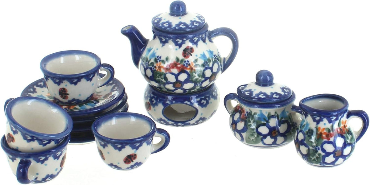 Blue Rose Polish Pottery - Blue Scarlett Miniature Tea Set - 1 Set - Polish Pottery Collectible Tea Set with Teapot & Cups, Decorative Gift