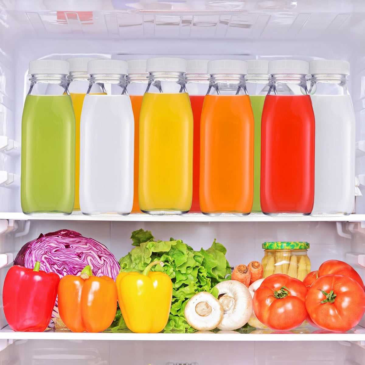 Suclain 10 Pcs 16 oz Glass Juice Bottle with Lids, Clear Reusable Milk Container for Refrigerator, Airtight Heavy Duty Dispenser Drinking Jar for Beverage, Oat, Honey Storage Supply