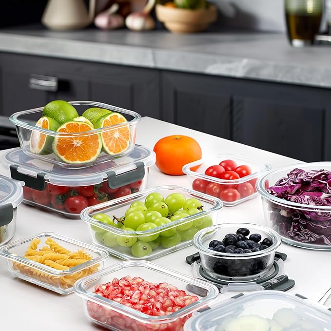 VERONES 30 Pieces Glass Meal Prep Containers Set, Stackable Glass Food Storage Containers with Lids-Airtight Glass Lunch Containers，for Microwave, Oven, Freezer & Dishwasher,Grey