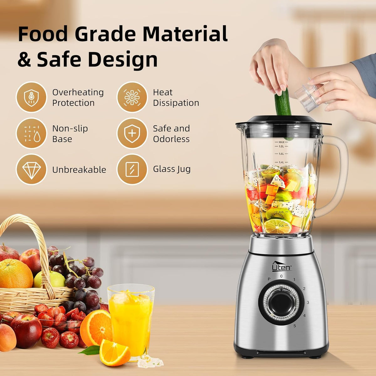 Uten 800 Watt Hight Speed Countertop Blender for Smoothies and Shakes, Ground Coffee Beans, 60 Oz Glass Jar, 5 Speed Settings and Pulse