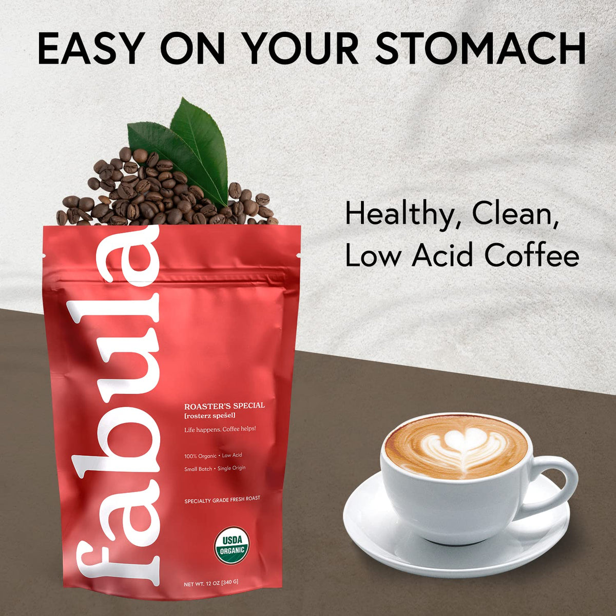 Fabula Coffee Half-Caff Medium Roast Whole Beans - Organic - Low Acid - Single Origin - Non-GMO - Mold Free - 12 Ounces