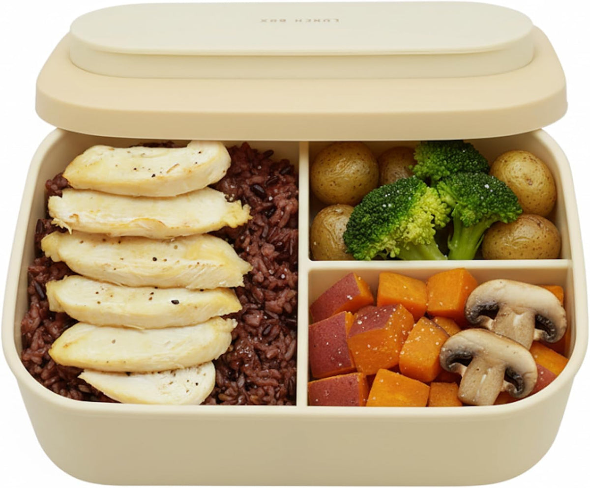 Silicone Bento Box Lunch Box for Adults, Lunch Food Container with 3 Compartment, BPA-Free and Leakproof, Microwave & Dishwasher Safe (Beige)