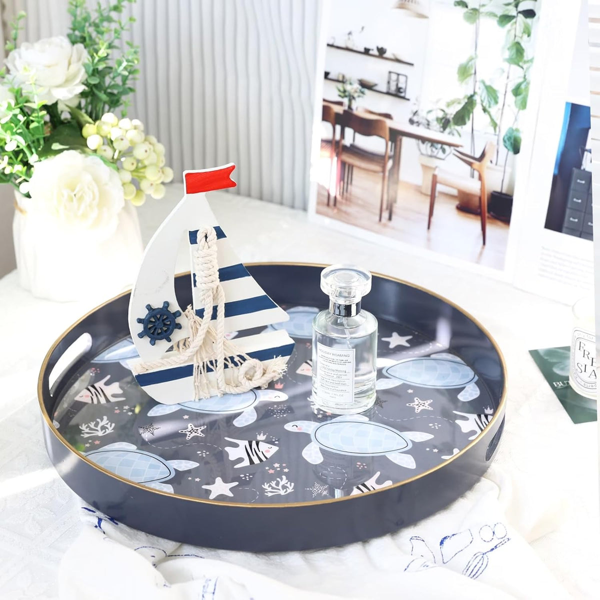 Spsyrine Decorative Serving Tray with Handles, Lacquered Coffee Table Tray for Ottoman, Round Waterproof Platters for Centerpieces, Parties, Living Room, Kitchen Counter Organization Turtle