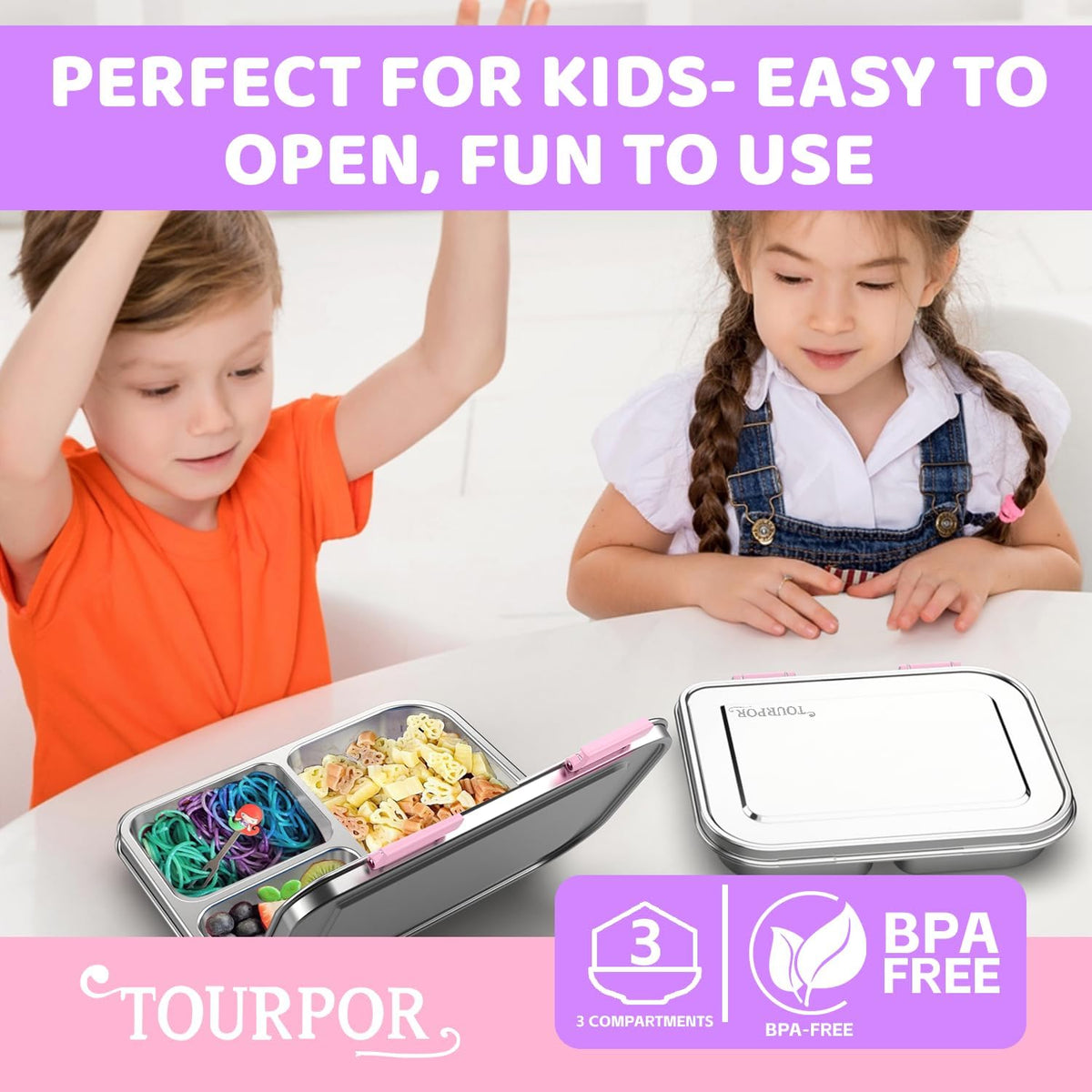 Stainless Steel Lunch Box 1000ml - 3 Compartment Bento Box for Kids & Adults, Leakproof Food Container, BPA-Free Metal Lunch Box with Silicone Seal, Eco-Friendly/Dishwasher Safe (Pink)