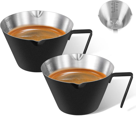 2 Pcs Stainless Steel Espresso Cups with Handle, Double Spout Metal Measuring Cup with Dual Scale, Espresso Shot Cup with V-Shaped Mouth, 3.4oz/100ml (Black)