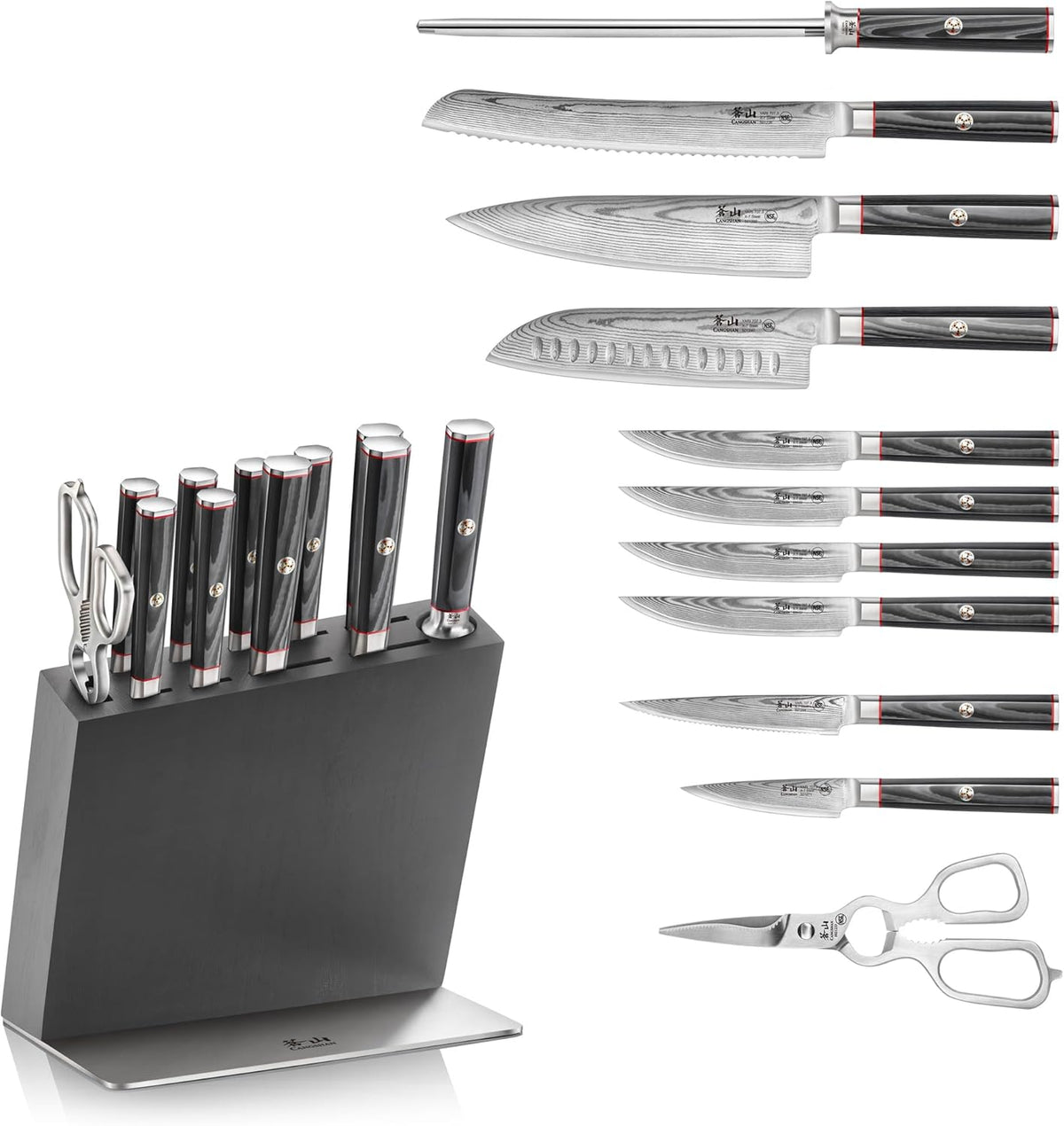 Cangshan YARI Series HUA Knife HUA Block Set, X-7 Damascus Steel, Ash Wood (12-Piece)