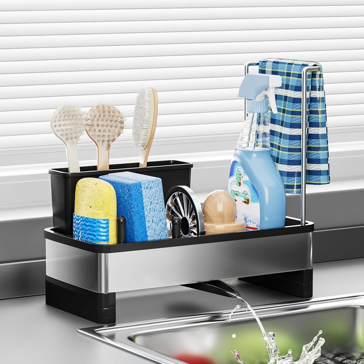 Stainless Steel Sink Caddy, Sponge Holder for Kitchen Sink with Brush Holder & Dishcloth Rack, Rustproof Sink Organizer Countertop, Soap Dispenser Kitchen Organizers Storage Essentials, Black