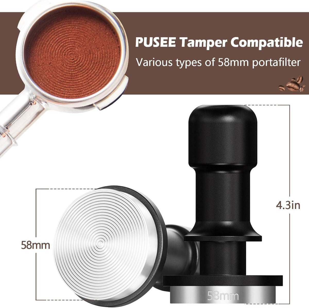 PUSEE 58mm Espresso Coffee Tamper, Premium Calibrated 30lb Stainless Steel Ground Tamper with Spring Loaded for Barista Home Coffee Accessories Upgrade 3.0