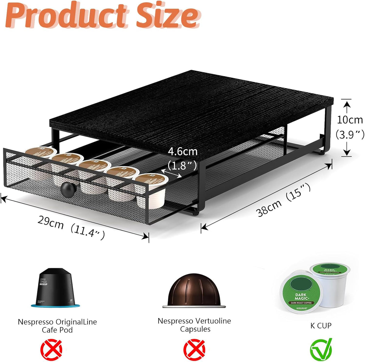 Coffee Pod Storage Drawer with Sliding Baskets, K Cup Holders, 35 Capsule Storage, Under Coffee Pot Drawer, For Home Office, Kitchen (Black)
