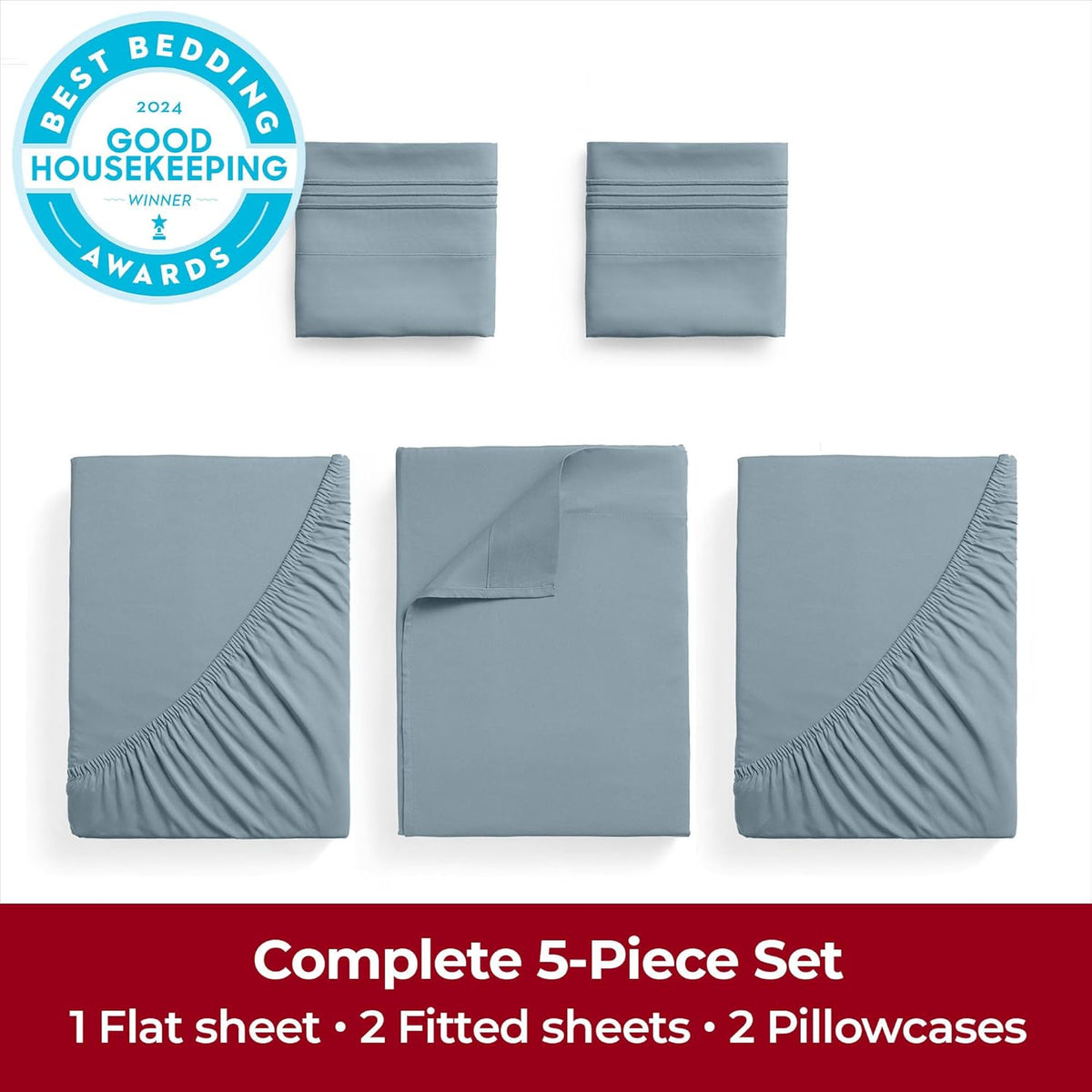 Mellanni Extra Deep Split King Sheets - 5 PC Iconic Collection Bedding - Hotel Luxury, Ultra Soft, Cooling Bed Sheets - Wrinkle, Fade, Stain Resistant (Split King, Spa Blue)