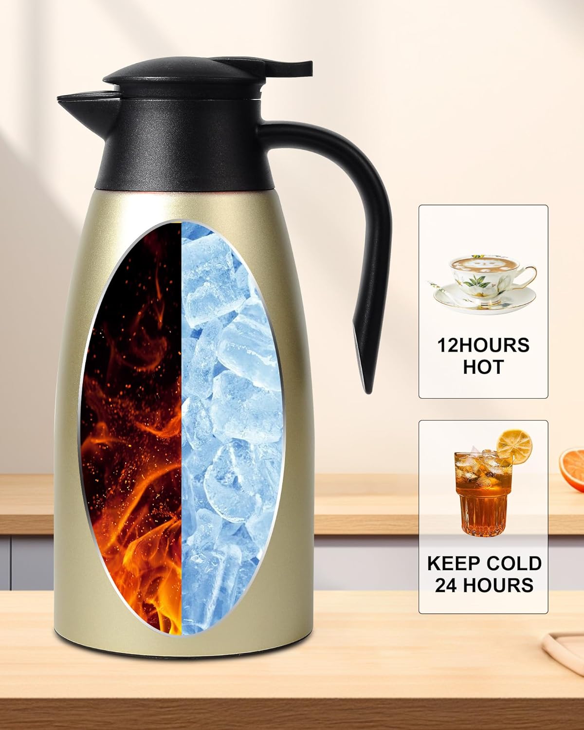 70 OZ Updated Thermal Coffee Carafe for keeping hot, 2 PCS Carafe for hot liquid, Insulated Stainless Steel Vacuum Thermal Pot for Coffee, Hot Water,Keep Hot 12 Hours (Gold+Gold)