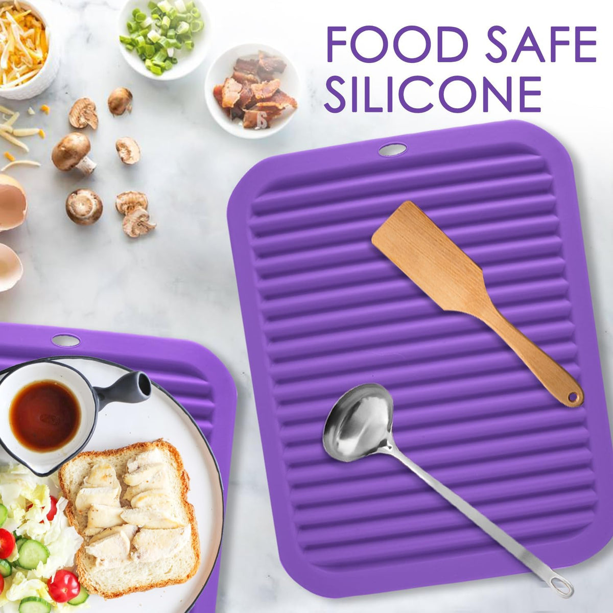 Silicone Trivet for Hot Dishes, 2 Pack Purple Heat Resistant Silicone Hot Pads Pot Holders for Kitchen Counter Non-Slip Trivets for Hot Pots and Pans, 9'' x 12'' Large Dish Drying Mat & Spoon Rest
