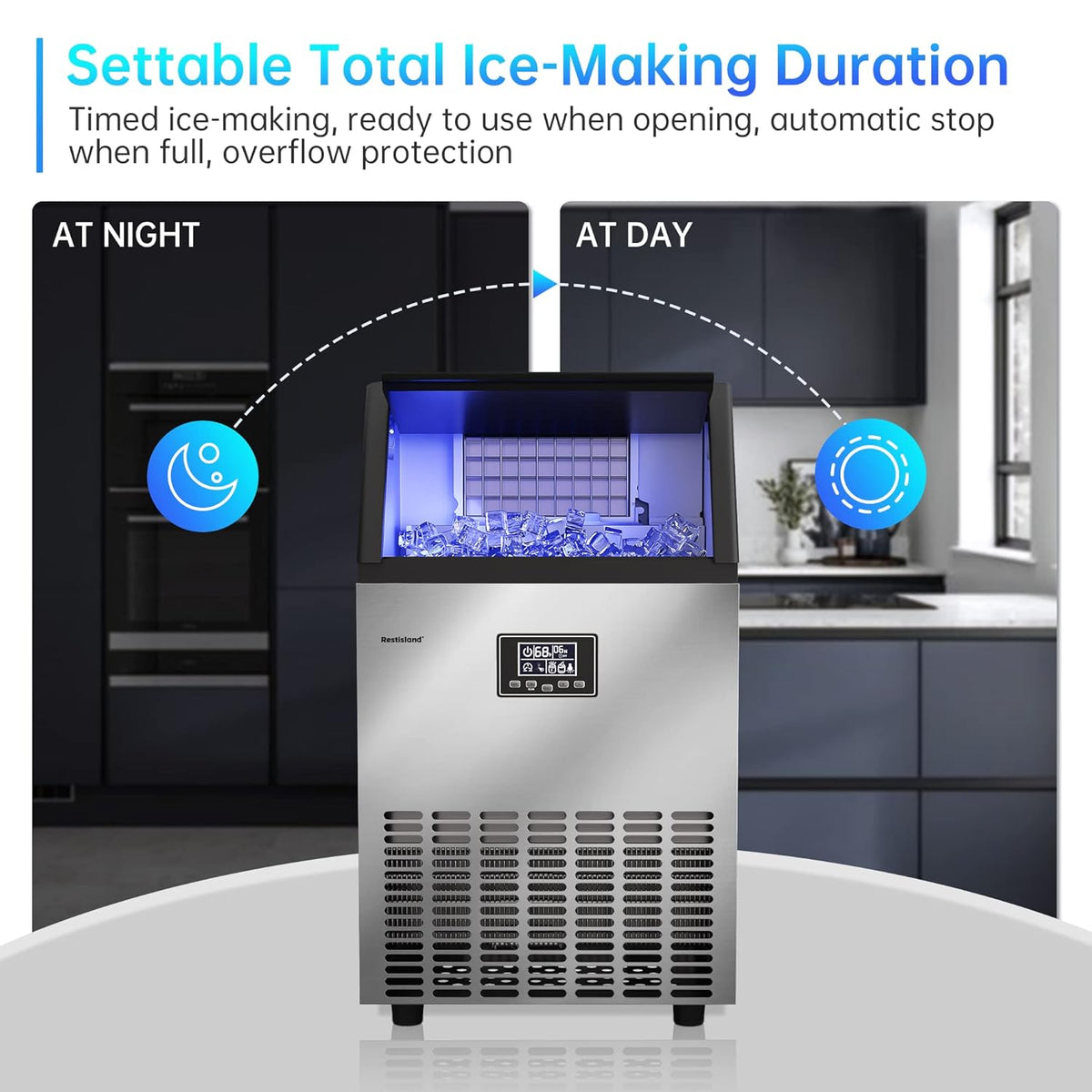 Commercial Ice Maker Machine, 100 lbs /24 h, 33 lbs Storage Bin, Stainless Steel, Compact, Embedded, Self-Cleaning, Perfect for Home/Office/Shop/Cafe, Includes Ice Scoop, Connection Hose