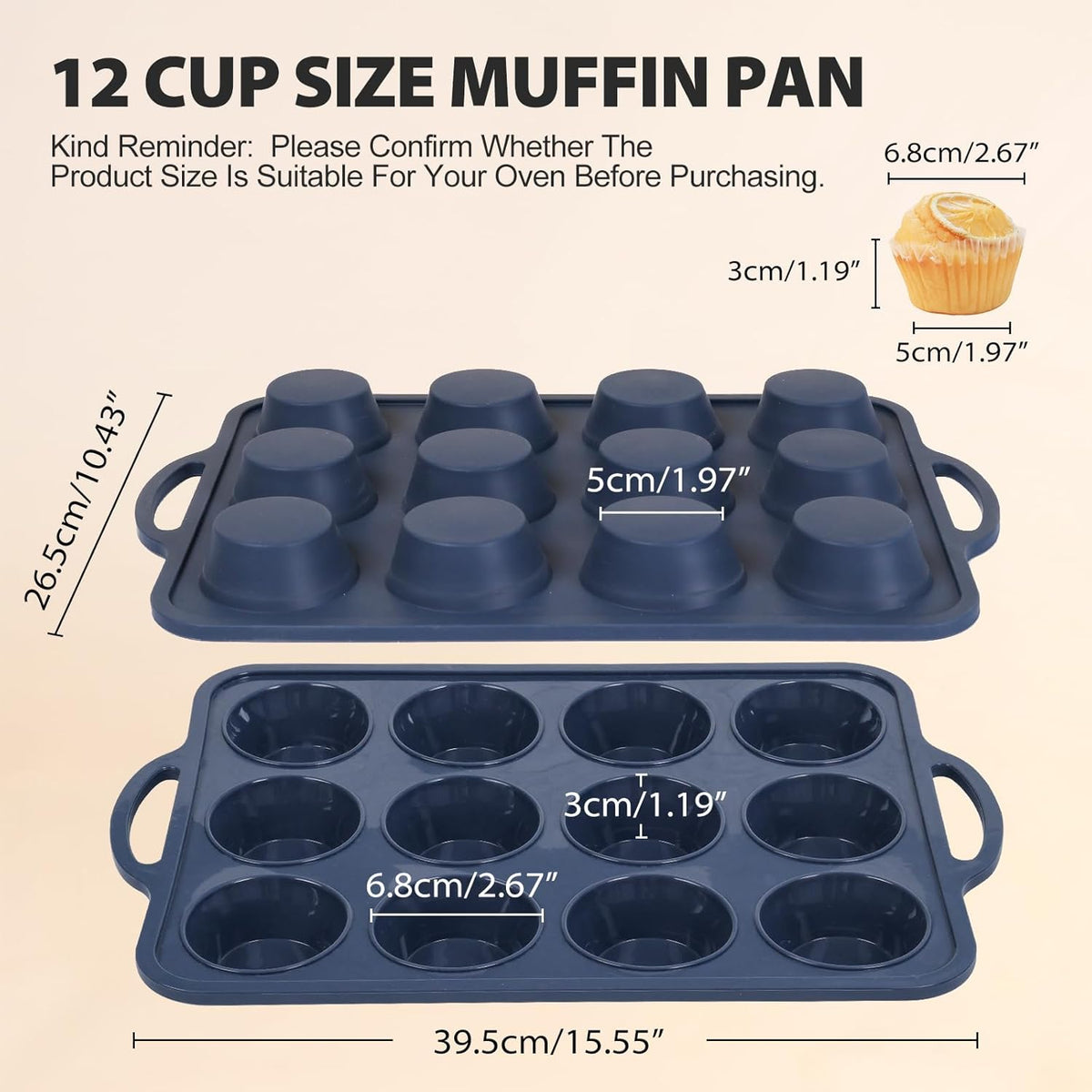 Silicone Muffin Pan with Metal Frame, Non Stick Silicone Cupcake Pan with Handles Regular 12 Cup, BPA Free Silicon Muffin Tin Tray for baking, egg bites, Cupcake Mold Grey